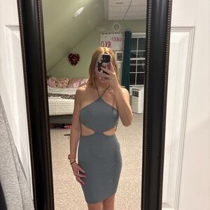 IJOAH Elegant Blue-Gray Open Back Halter Dress